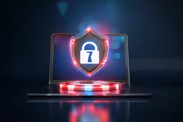 A laptop glowing with a bright login prompt in a minimalistic setup, symbolizing the protected access system at 786BED.